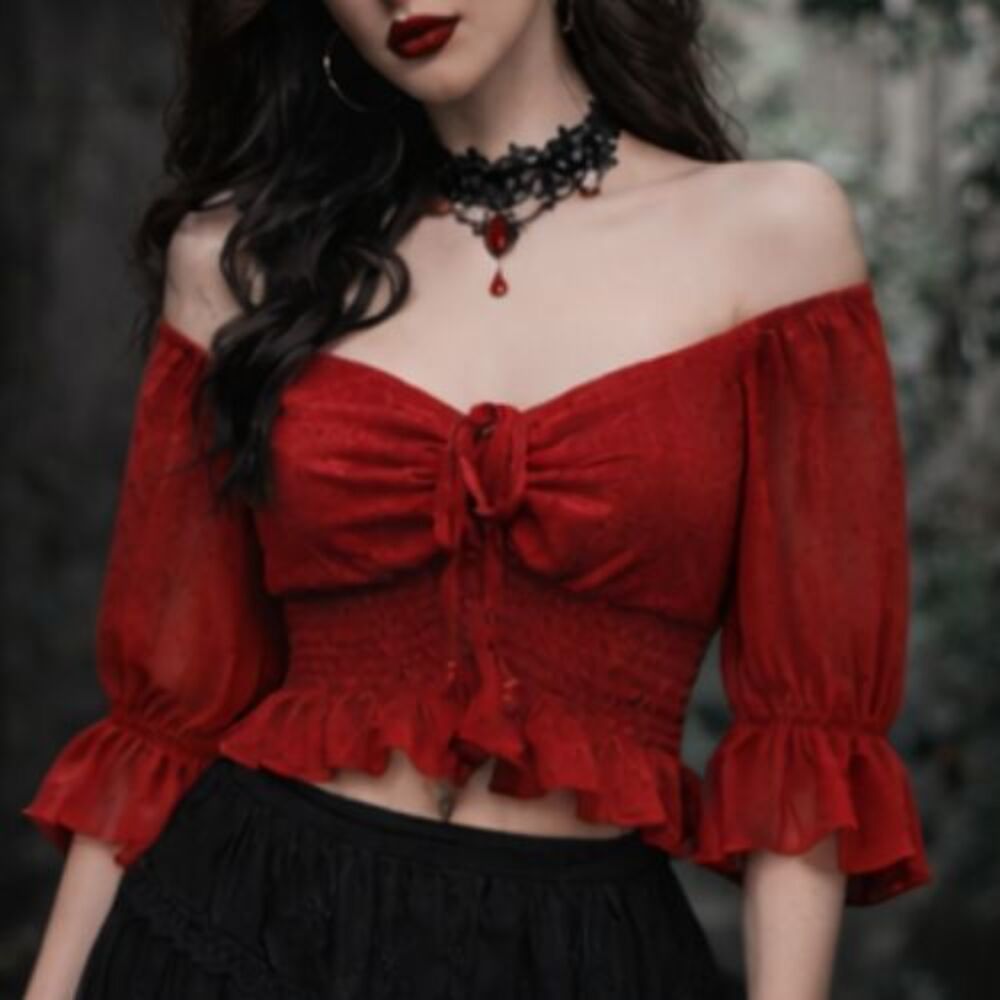 Y2k Chiffon Ruched Babydoll Top XL Puff Sleeve Gothic Vampire Romantic Sultry